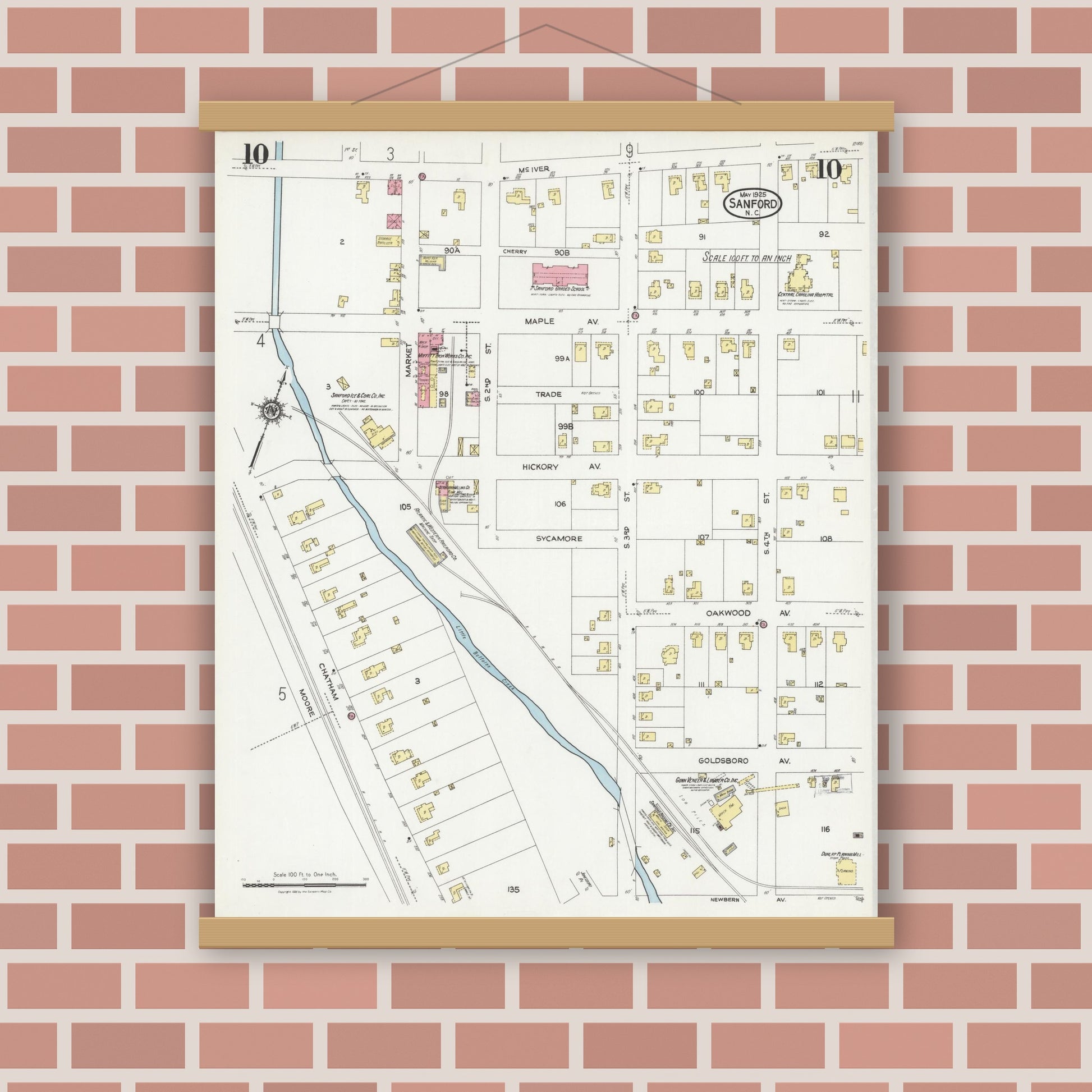 Old map wall art mockup — magnetic wood frame on brick wall — Sanborn Fire Insurance Map from Sanford, Lee County, North Carolina (1925), Sheet #0010