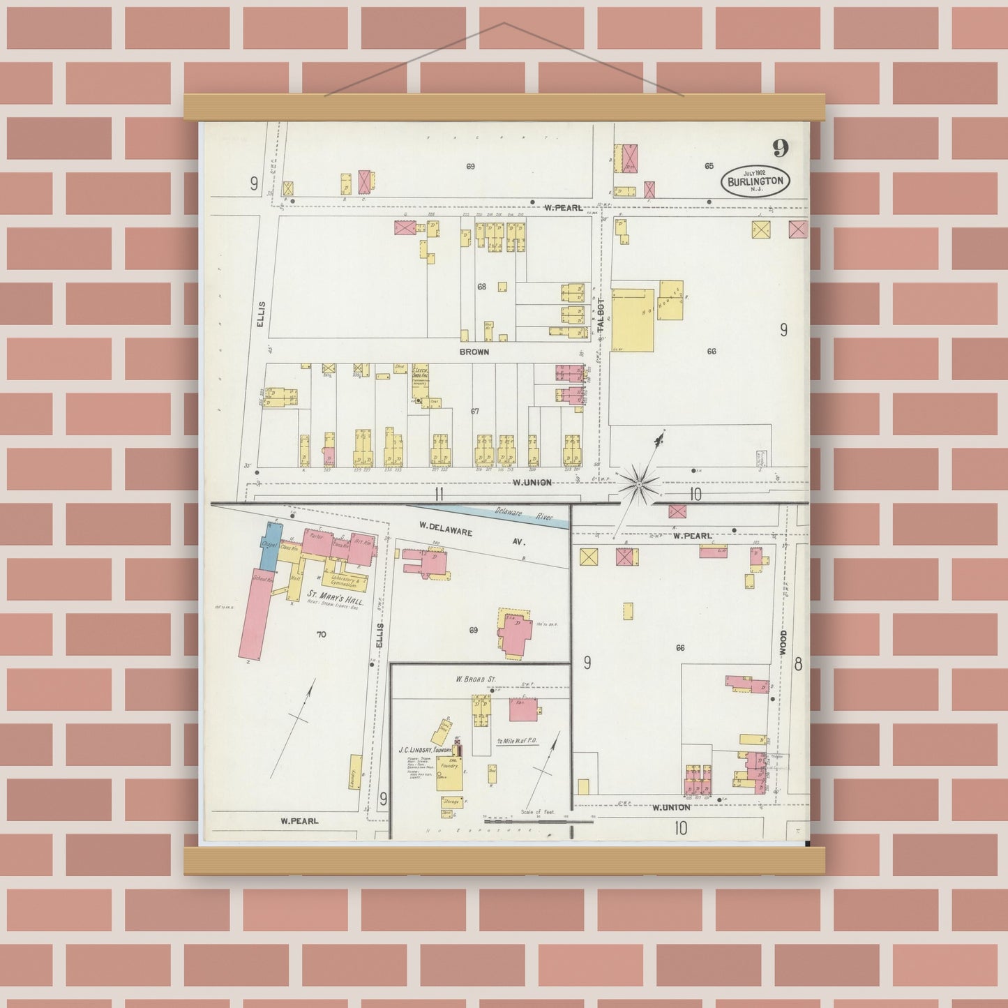Old map wall art mockup — magnetic wood frame on brick wall — Sanborn Fire Insurance Map from Burlington, Burlington County, New Jersey (1902), Sheet #0009