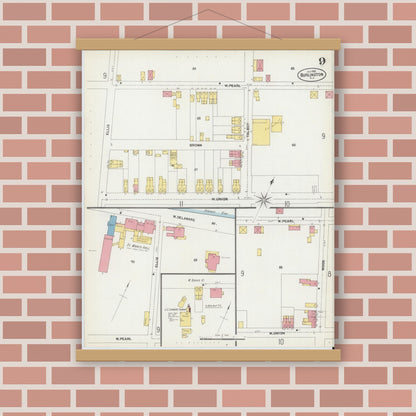 Old map wall art mockup — magnetic wood frame on brick wall — Sanborn Fire Insurance Map from Burlington, Burlington County, New Jersey (1902), Sheet #0009