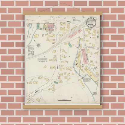 Old map wall art mockup — magnetic wood frame on brick wall — Sanborn Fire Insurance Map from Warren, Worcester County, Massachusetts (1887), Sheet #0001