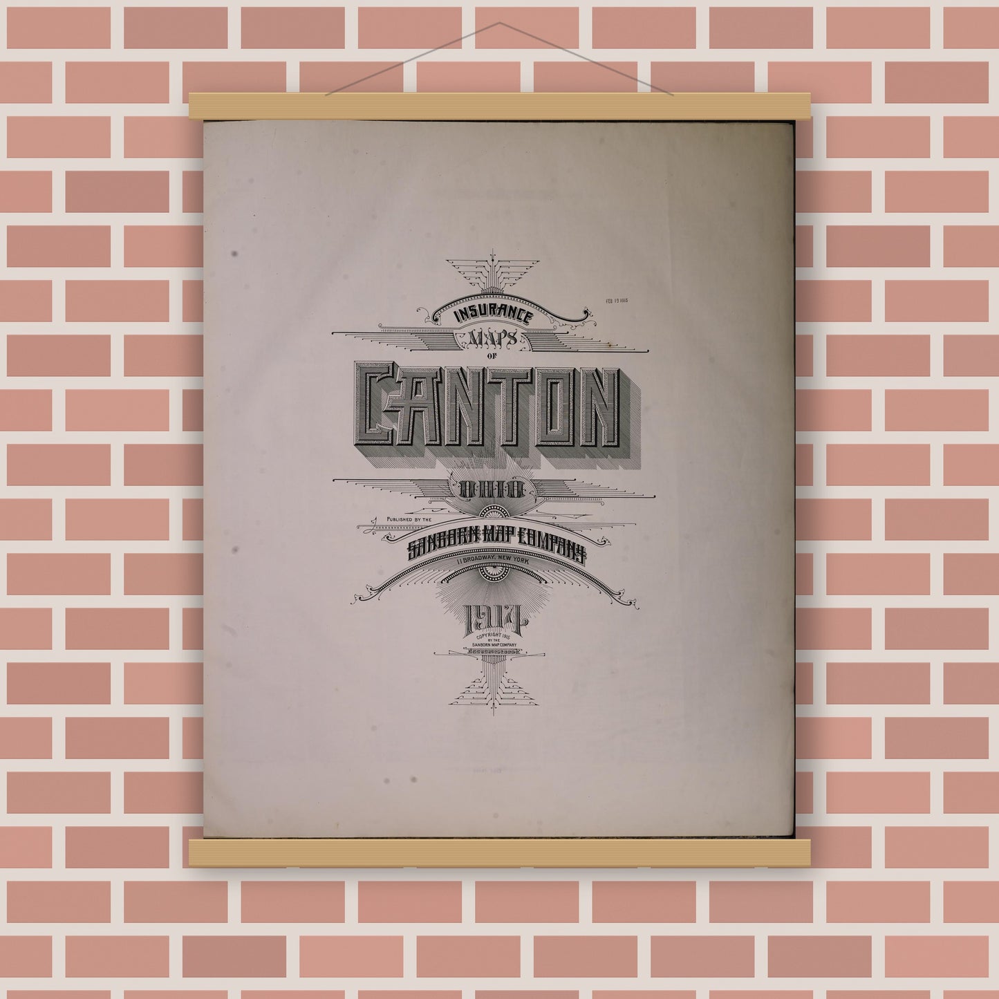 Old map wall art mockup — magnetic wood frame on brick wall — Sanborn Fire Insurance Map from Canton, Stark County, Ohio (1914), Sheet #0001