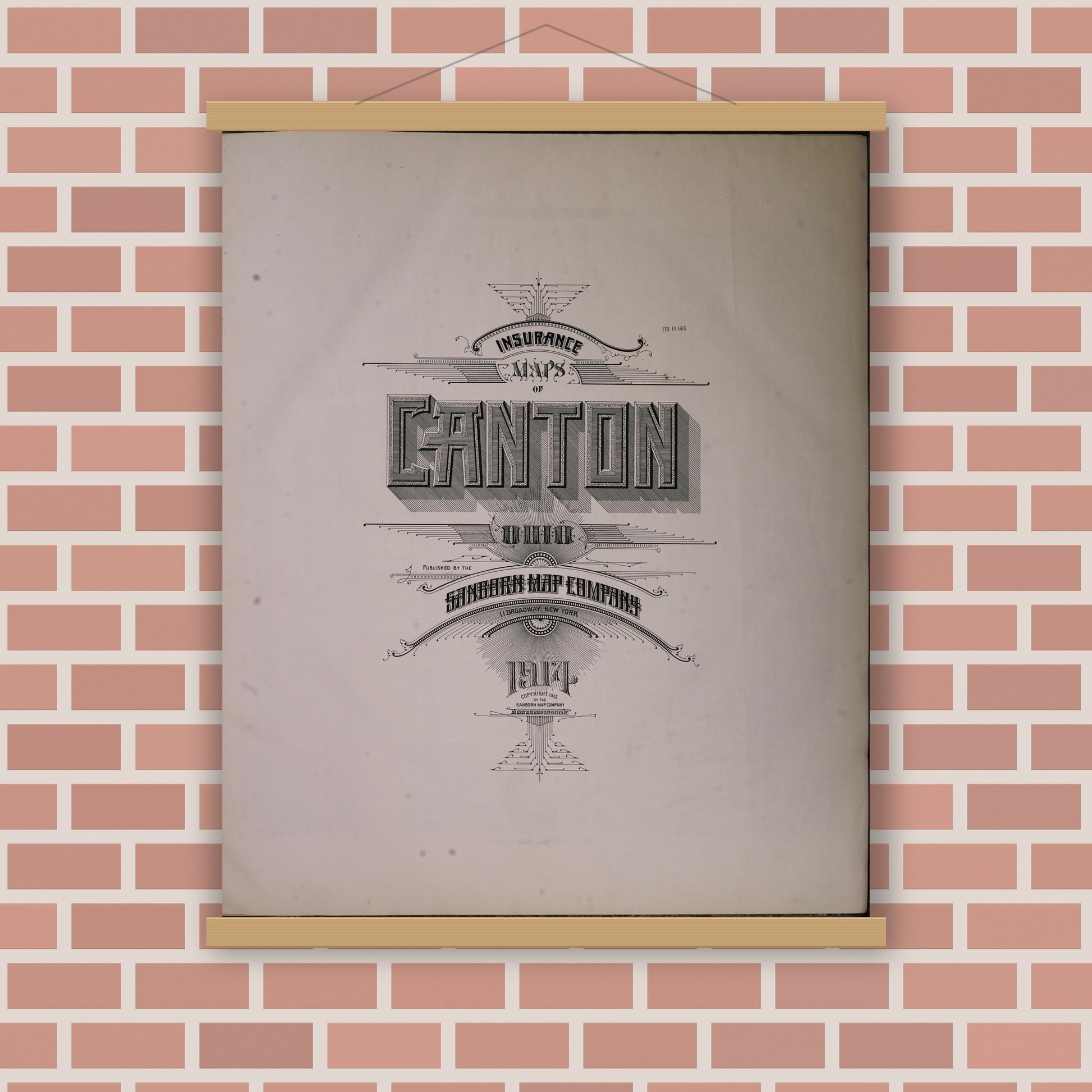 Old map wall art mockup — magnetic wood frame on brick wall — Sanborn Fire Insurance Map from Canton, Stark County, Ohio (1914), Sheet #0001