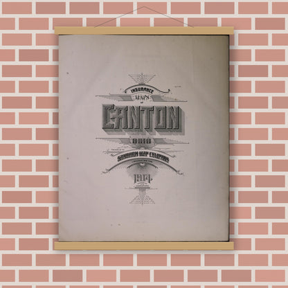 Old map wall art mockup — magnetic wood frame on brick wall — Sanborn Fire Insurance Map from Canton, Stark County, Ohio (1914), Sheet #0001
