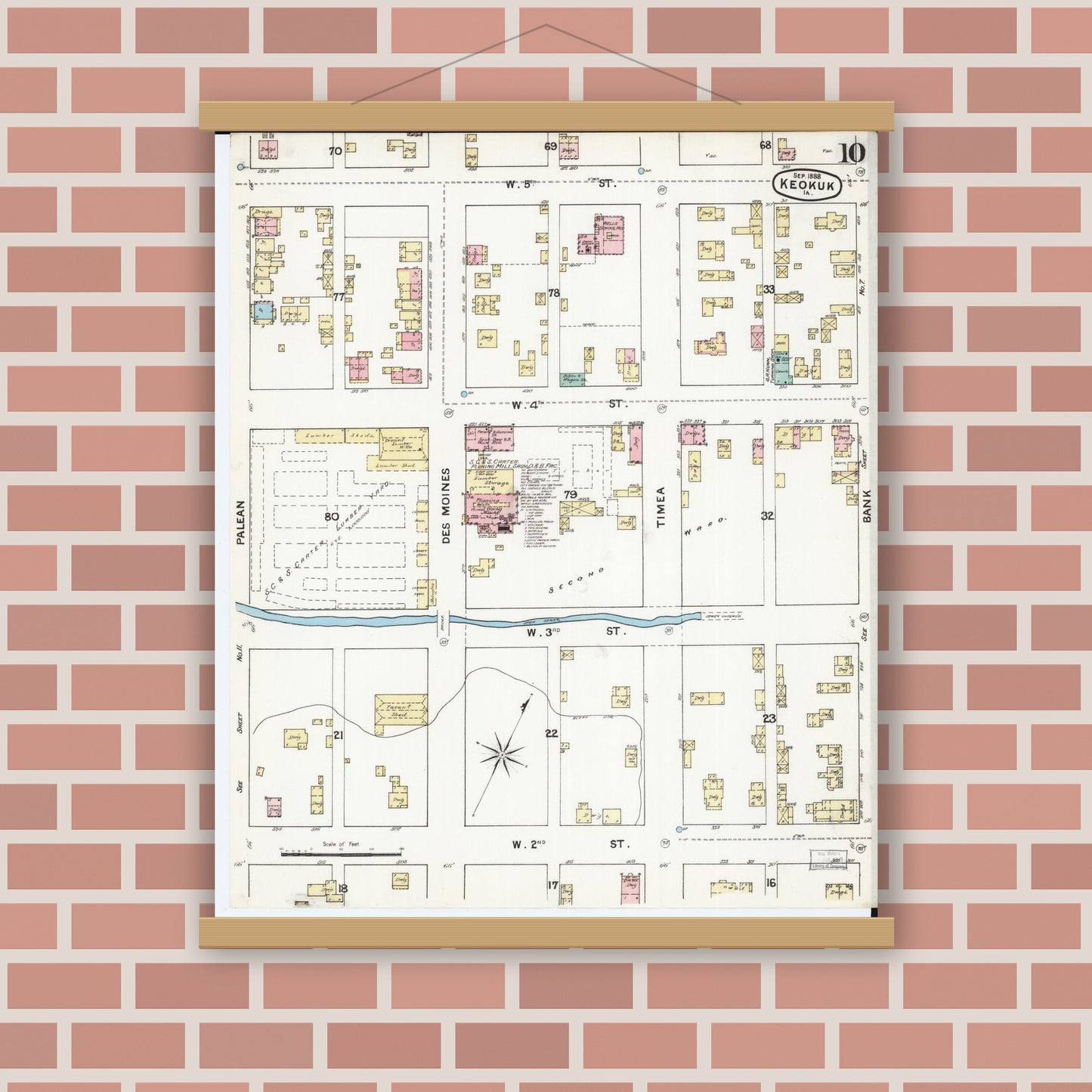 Old map wall art mockup — magnetic wood frame on brick wall — Sanborn Fire Insurance Map from Keokuk, Lee County, Iowa (1888), Sheet #0010