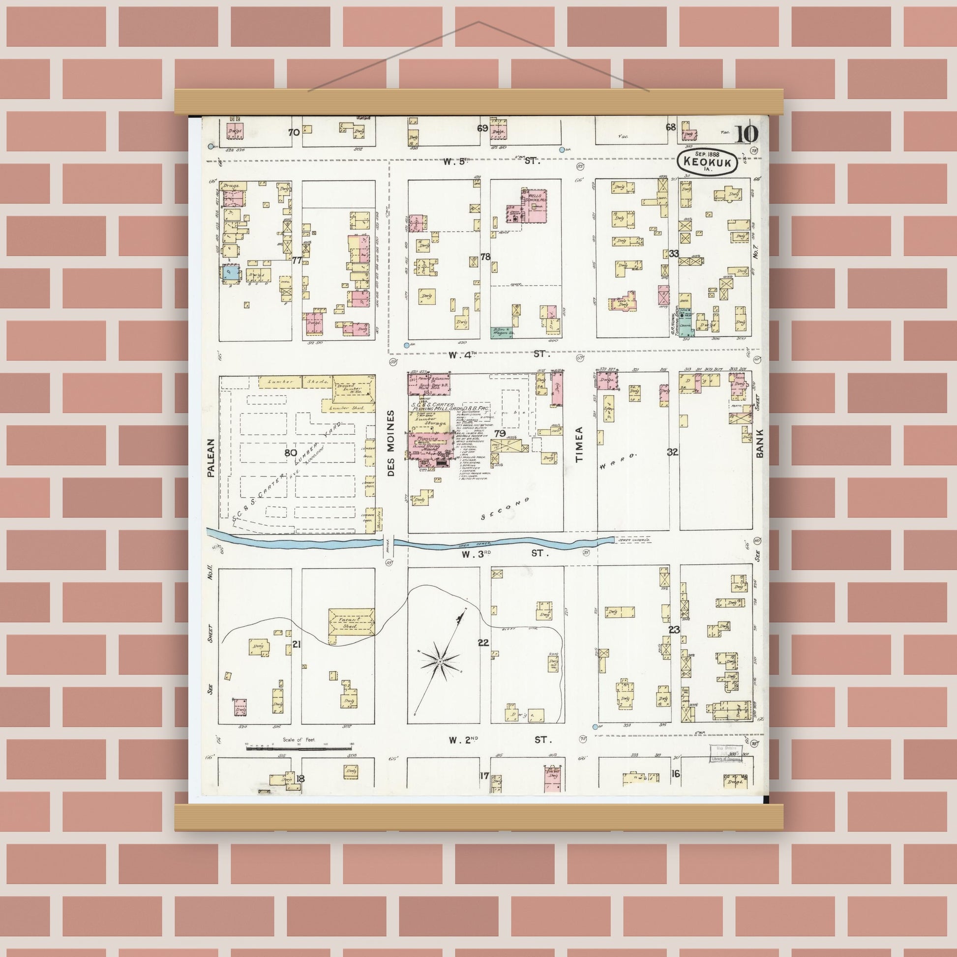 Old map wall art mockup — magnetic wood frame on brick wall — Sanborn Fire Insurance Map from Keokuk, Lee County, Iowa (1888), Sheet #0010
