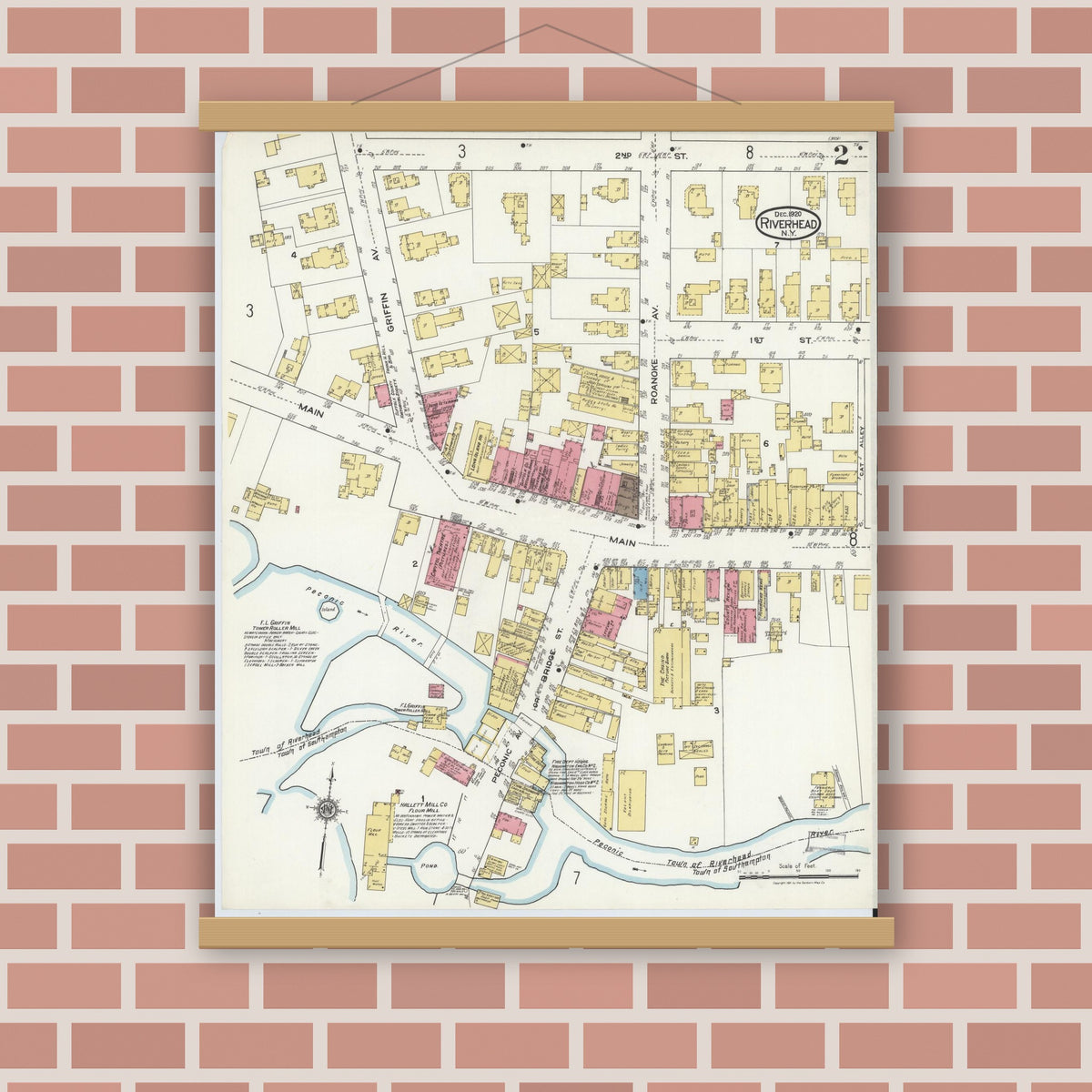 Old map wall art mockup — magnetic wood frame on brick wall — Sanborn Fire Insurance Map from Riverhead, Suffolk County, New York (1920), Sheet #0002