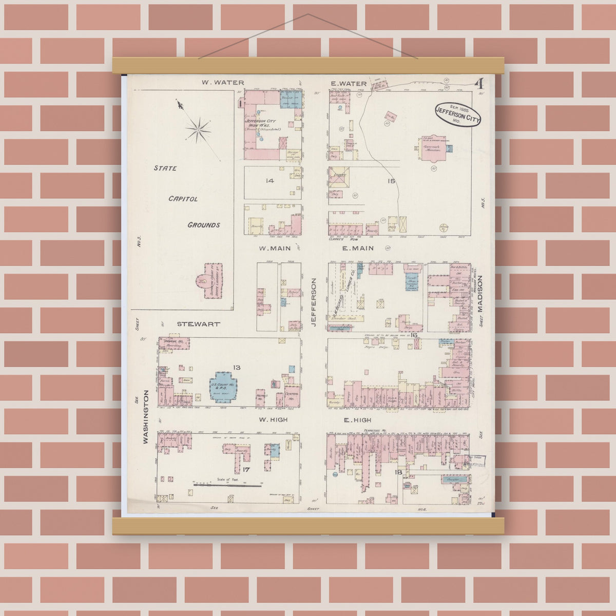 Old map wall art mockup — magnetic wood frame on brick wall — Sanborn Fire Insurance Map from Jefferson City, Cole County, Missouri (1885), Sheet #0004