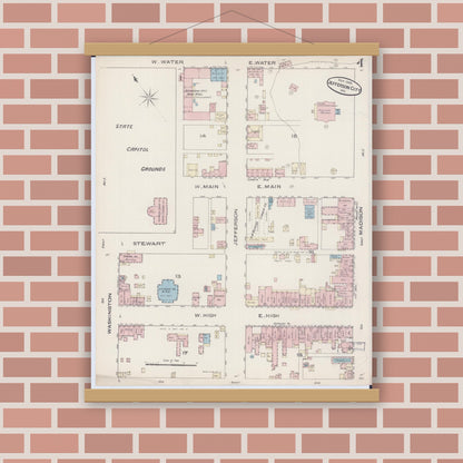 Old map wall art mockup — magnetic wood frame on brick wall — Sanborn Fire Insurance Map from Jefferson City, Cole County, Missouri (1885), Sheet #0004