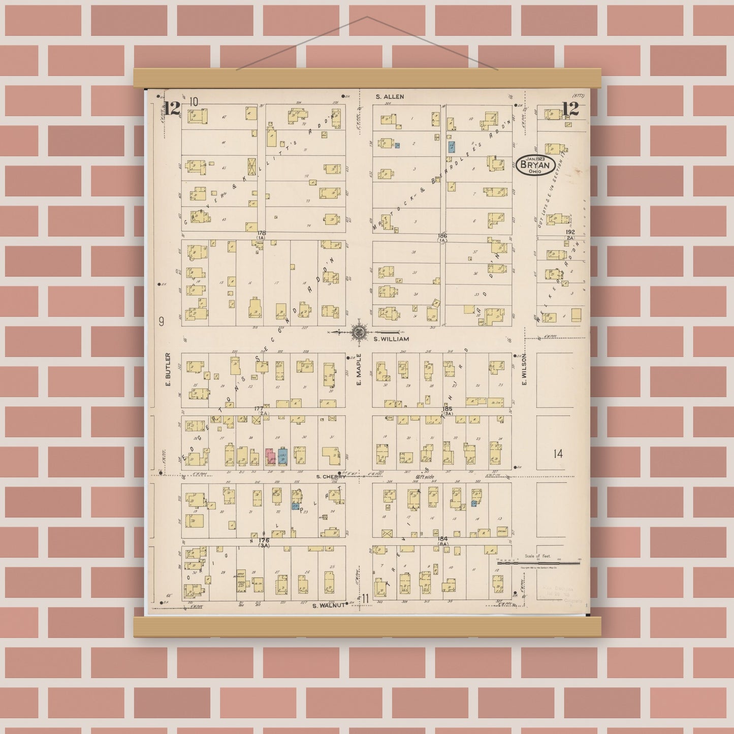 Old map wall art mockup — magnetic wood frame on brick wall — Sanborn Fire Insurance Map from Bryan, Williams County, Ohio (1923), Sheet #0012