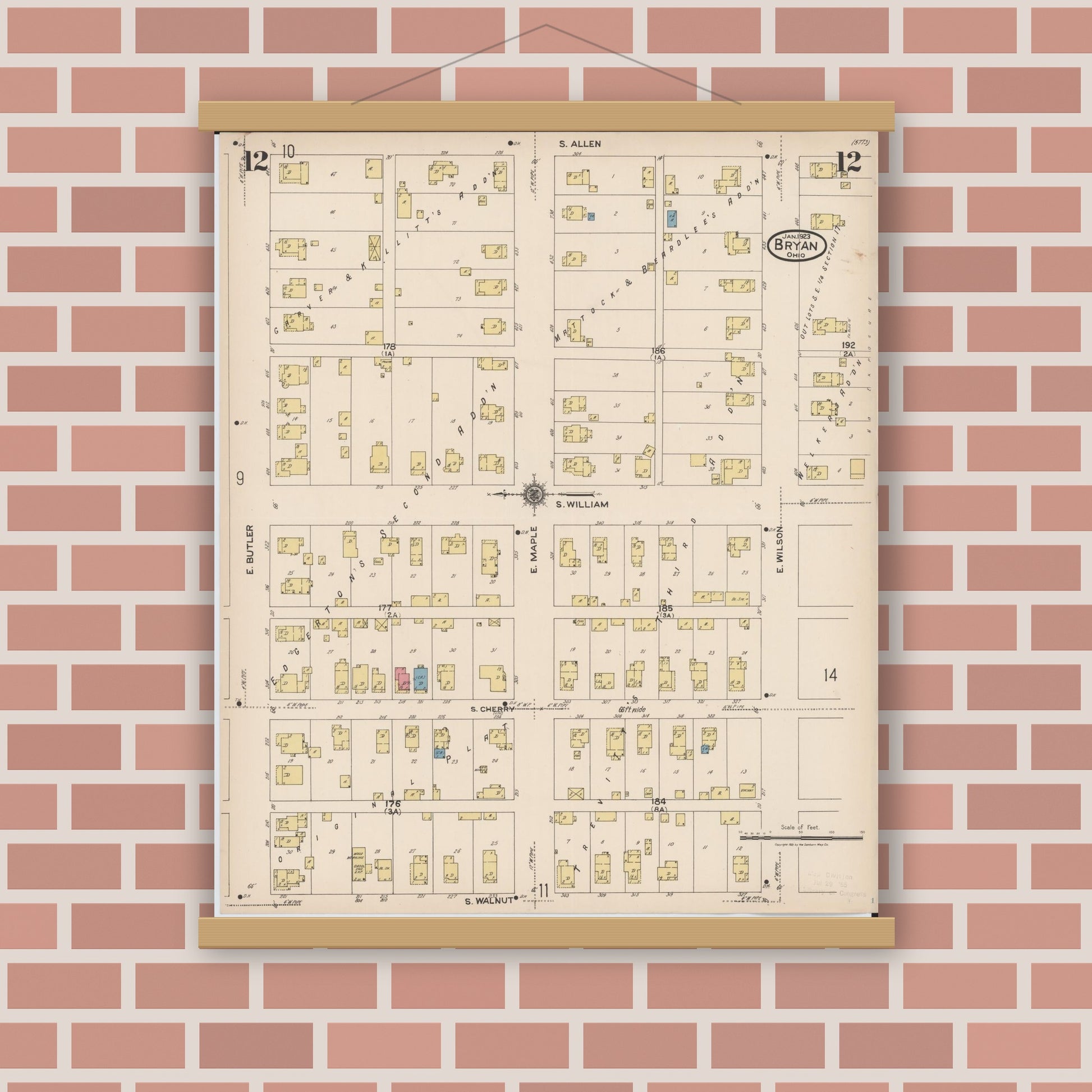 Old map wall art mockup — magnetic wood frame on brick wall — Sanborn Fire Insurance Map from Bryan, Williams County, Ohio (1923), Sheet #0012