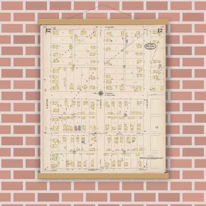 Old map wall art mockup — magnetic wood frame on brick wall — Sanborn Fire Insurance Map from Bryan, Williams County, Ohio (1923), Sheet #0012
