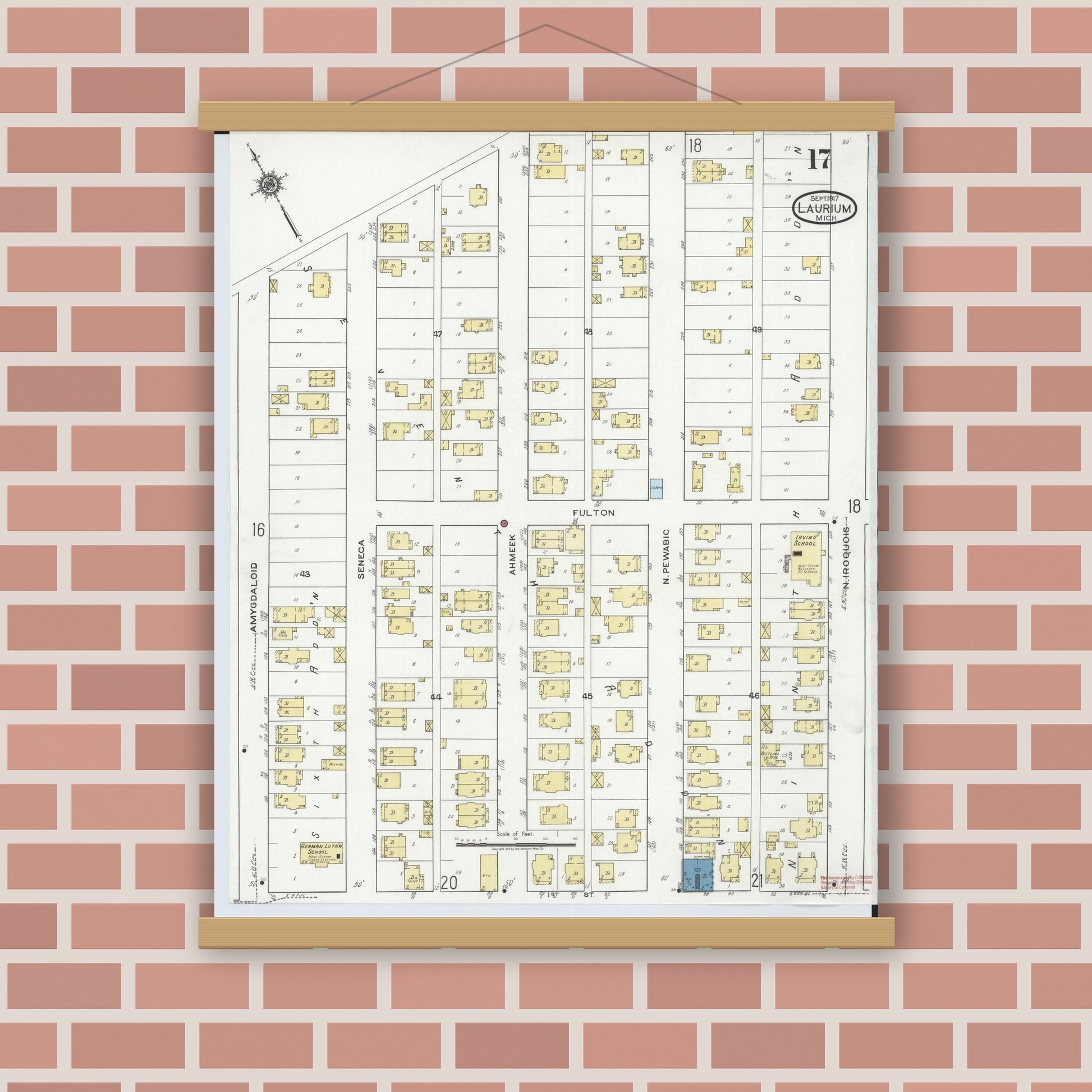 Old map wall art mockup — magnetic wood frame on brick wall — Sanborn Fire Insurance Map from Laurium, Houghton County, Michigan (1917), Sheet #0017