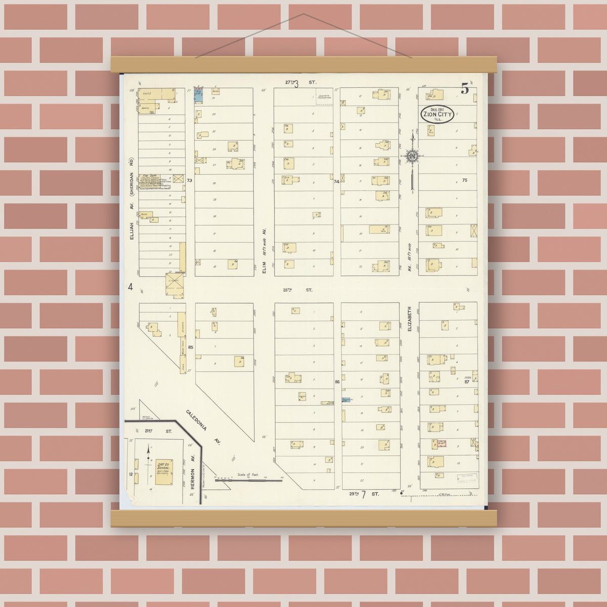 Old map wall art mockup — magnetic wood frame on brick wall — Sanborn Fire Insurance Map from Zion, Lake County, Illinois (1911), Sheet #0005