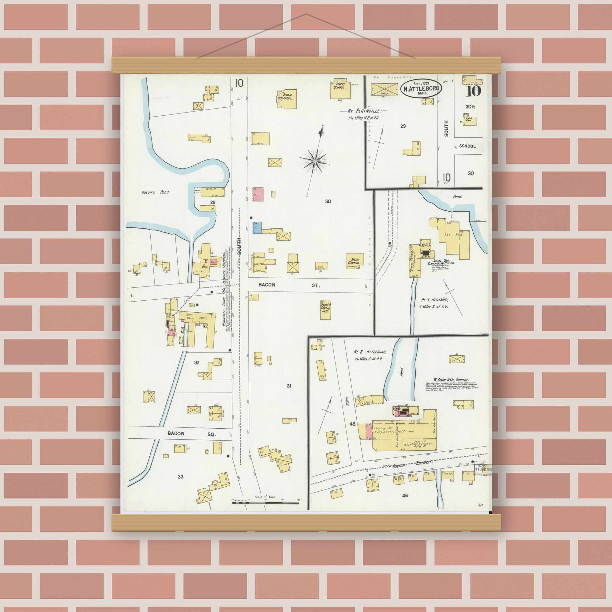 Old map wall art mockup — magnetic wood frame on brick wall — Sanborn Fire Insurance Map from North Attleborough, Bristol County, Massachusetts (1899), Sheet #0010