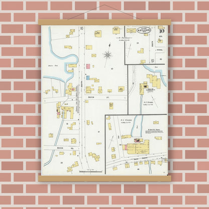 Old map wall art mockup — magnetic wood frame on brick wall — Sanborn Fire Insurance Map from North Attleborough, Bristol County, Massachusetts (1899), Sheet #0010