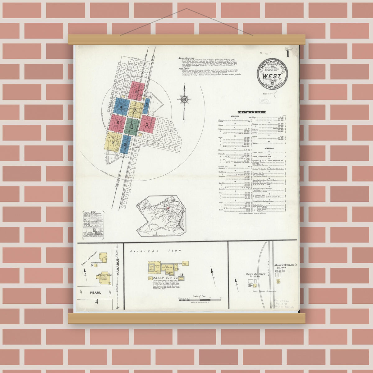 Old map wall art mockup — magnetic wood frame on brick wall — Sanborn Fire Insurance Map from West, McLennan County, Texas (1921), Sheet #0001