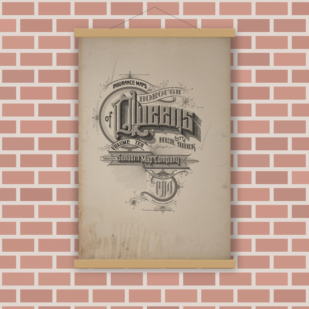 Old map wall art mockup — magnetic wood frame on brick wall — Sanborn Fire Insurance Map from Queens, Queens County, New York (1915), Sheet #0001