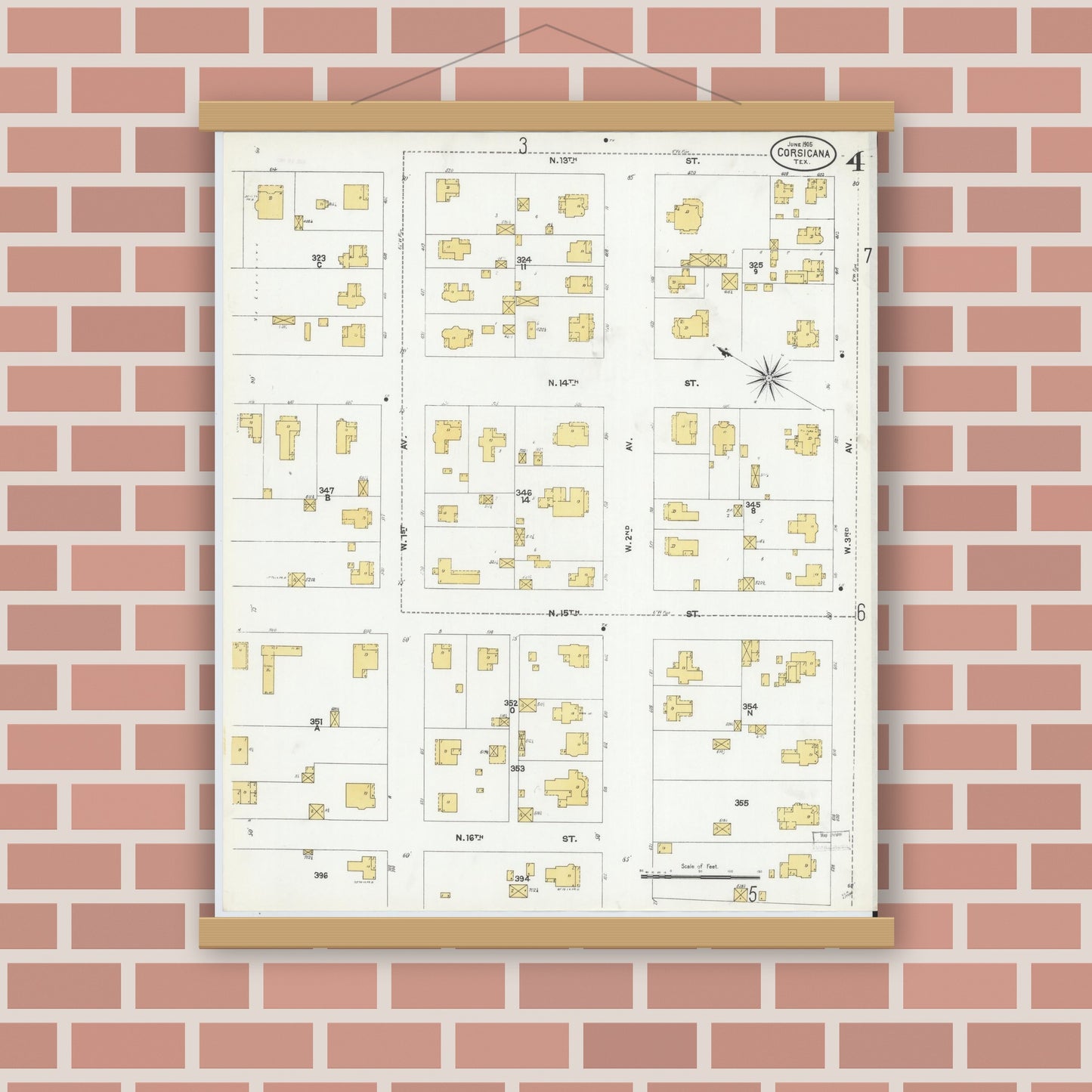 Old map wall art mockup — magnetic wood frame on brick wall — Sanborn Fire Insurance Map from Corsicana, Navarro County, Texas (1905), Sheet #0004