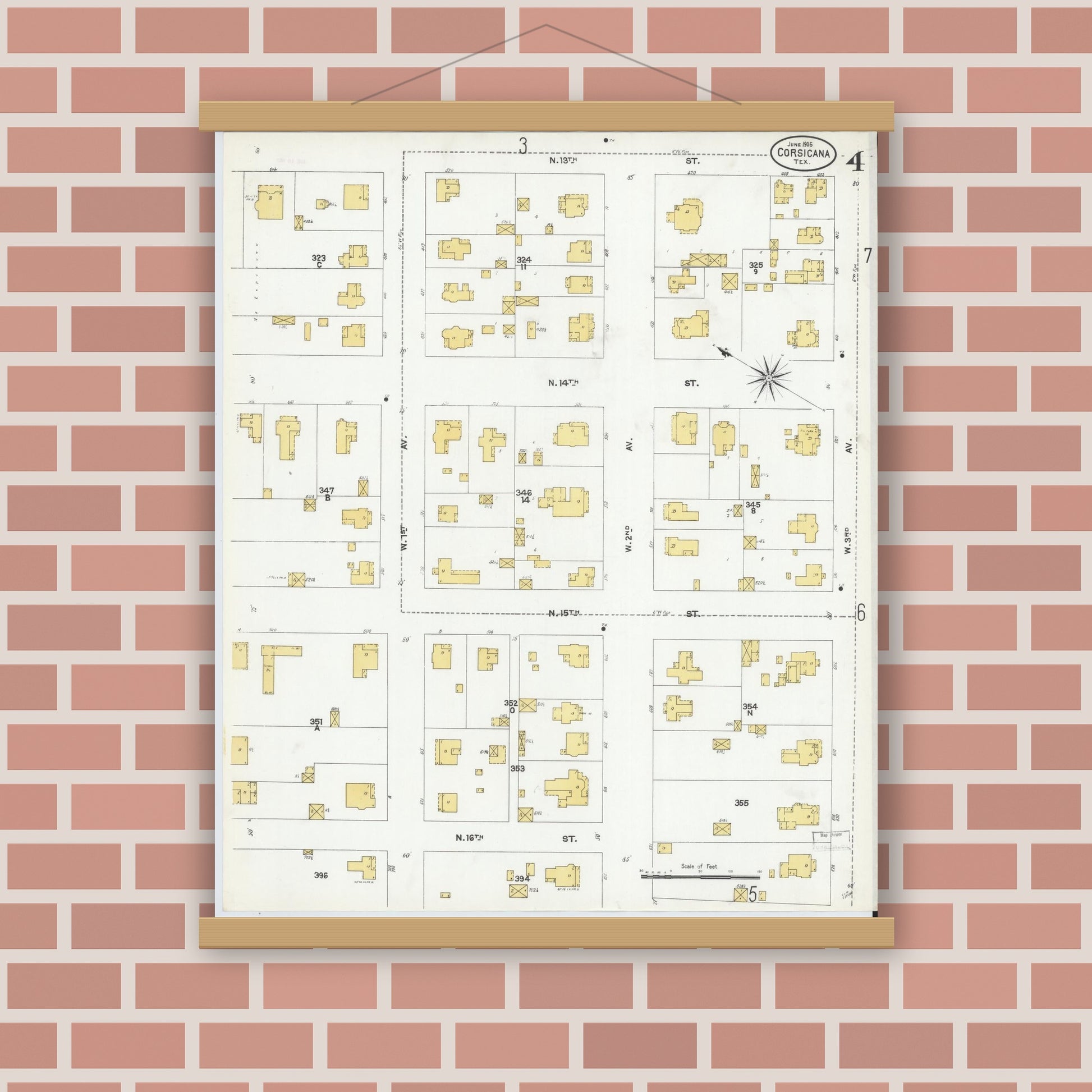 Old map wall art mockup — magnetic wood frame on brick wall — Sanborn Fire Insurance Map from Corsicana, Navarro County, Texas (1905), Sheet #0004
