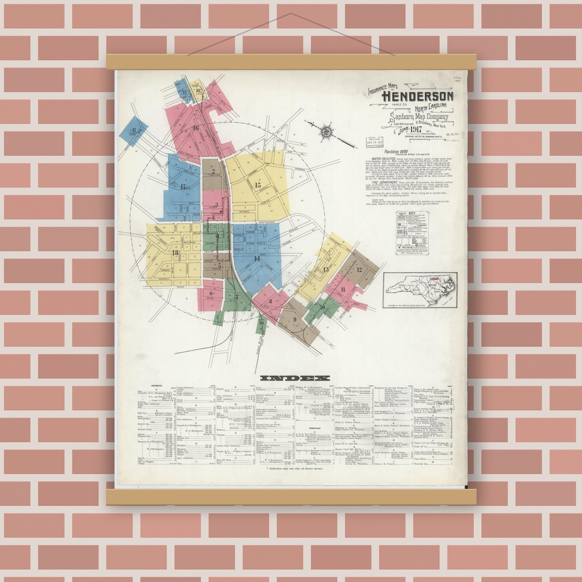 Old map wall art mockup — magnetic wood frame on brick wall — Sanborn Fire Insurance Map from Henderson, Vance County, North Carolina (1917) - Complete Map Set