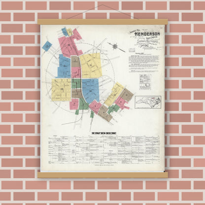 Old map wall art mockup — magnetic wood frame on brick wall — Sanborn Fire Insurance Map from Henderson, Vance County, North Carolina (1917) - Complete Map Set