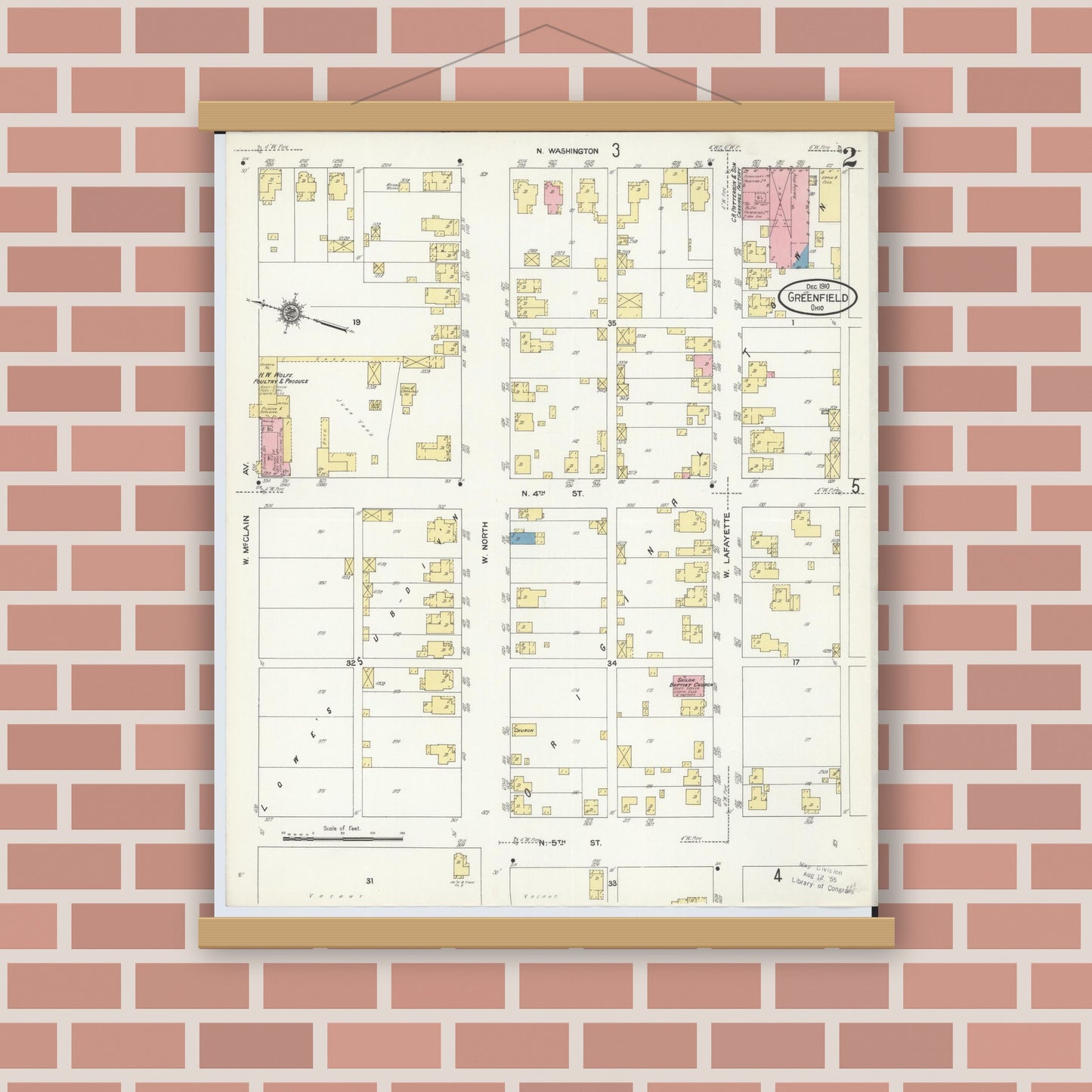 Old map wall art mockup — magnetic wood frame on brick wall — Sanborn Fire Insurance Map from Greenfield, Highland County, Ohio (1910), Sheet #0002