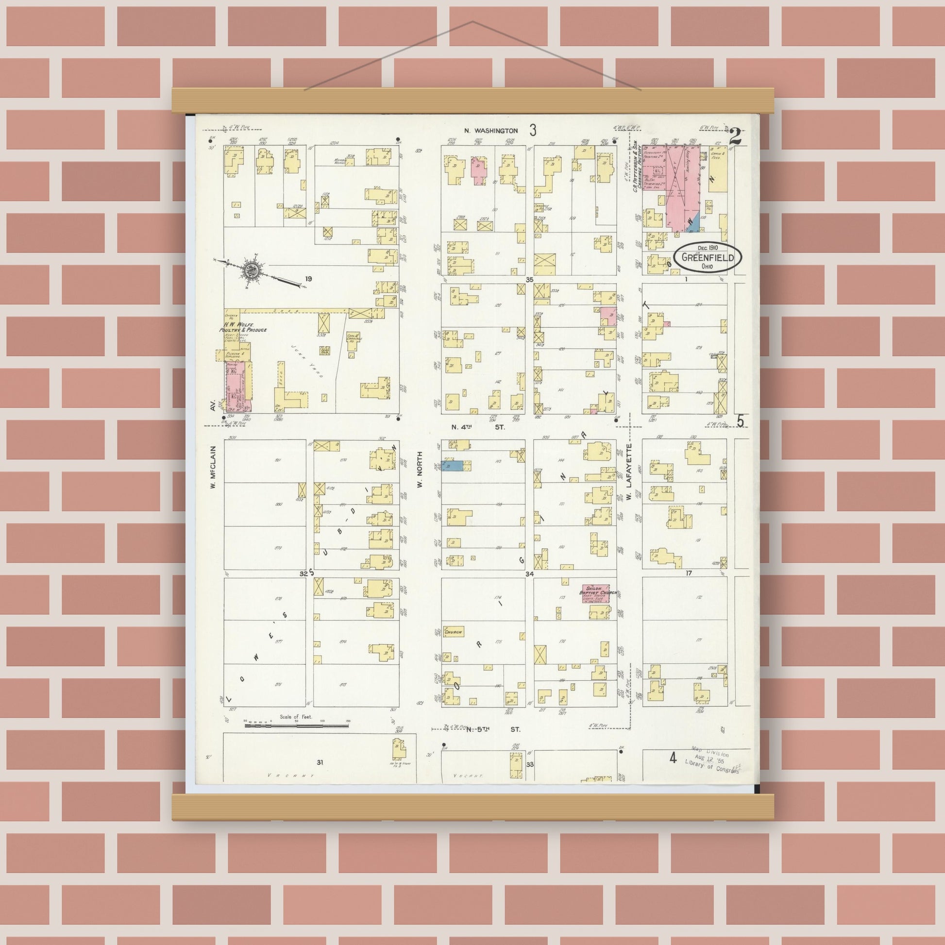 Old map wall art mockup — magnetic wood frame on brick wall — Sanborn Fire Insurance Map from Greenfield, Highland County, Ohio (1910), Sheet #0002