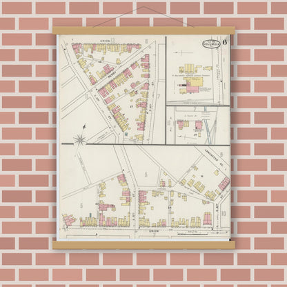 Old map wall art mockup — magnetic wood frame on brick wall — Sanborn Fire Insurance Map from Columbia, Lancaster County, Pennsylvania (1894), Sheet #0006