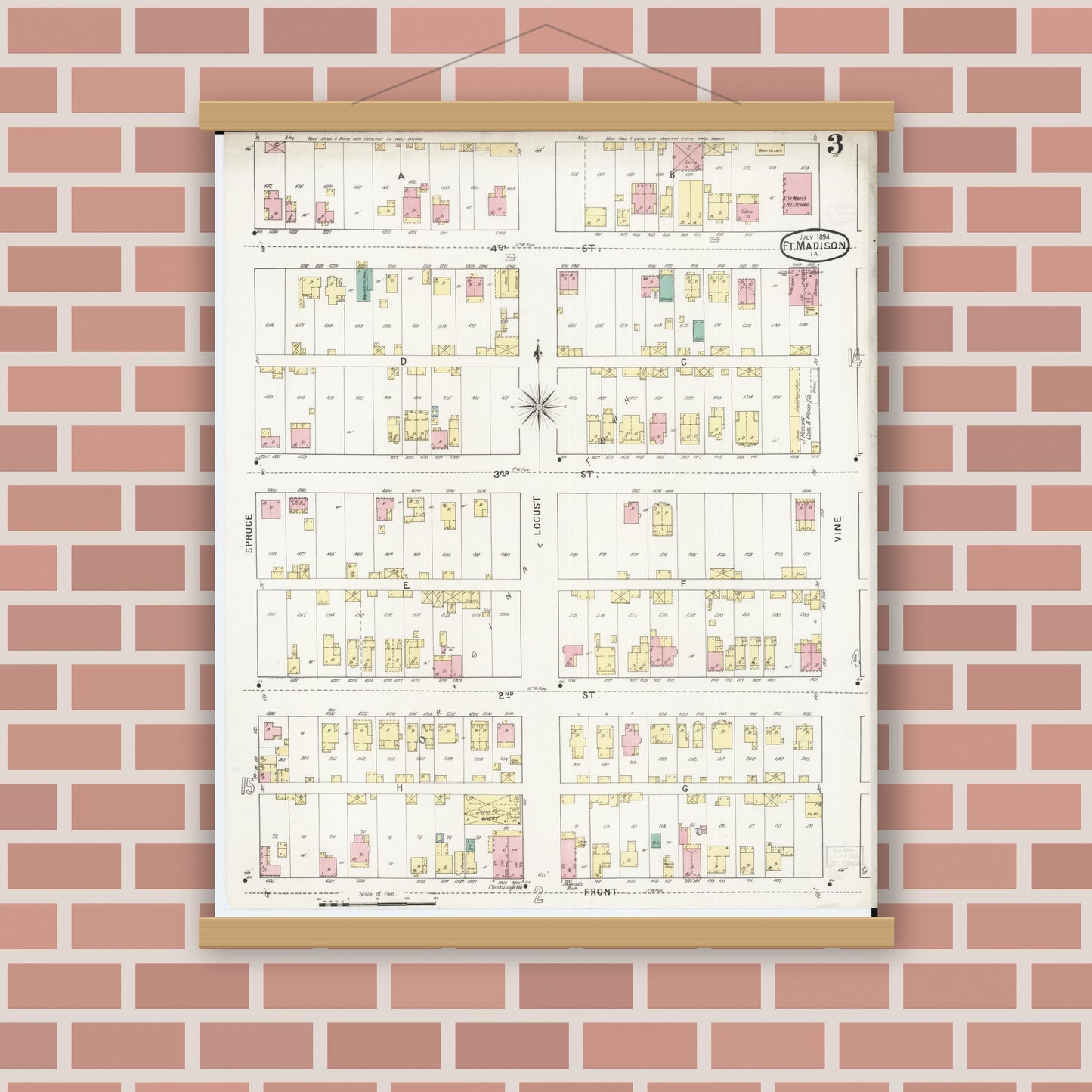 Old map wall art mockup — magnetic wood frame on brick wall — Sanborn Fire Insurance Map from Fort Madison, Lee County, Iowa (1894), Sheet #0003