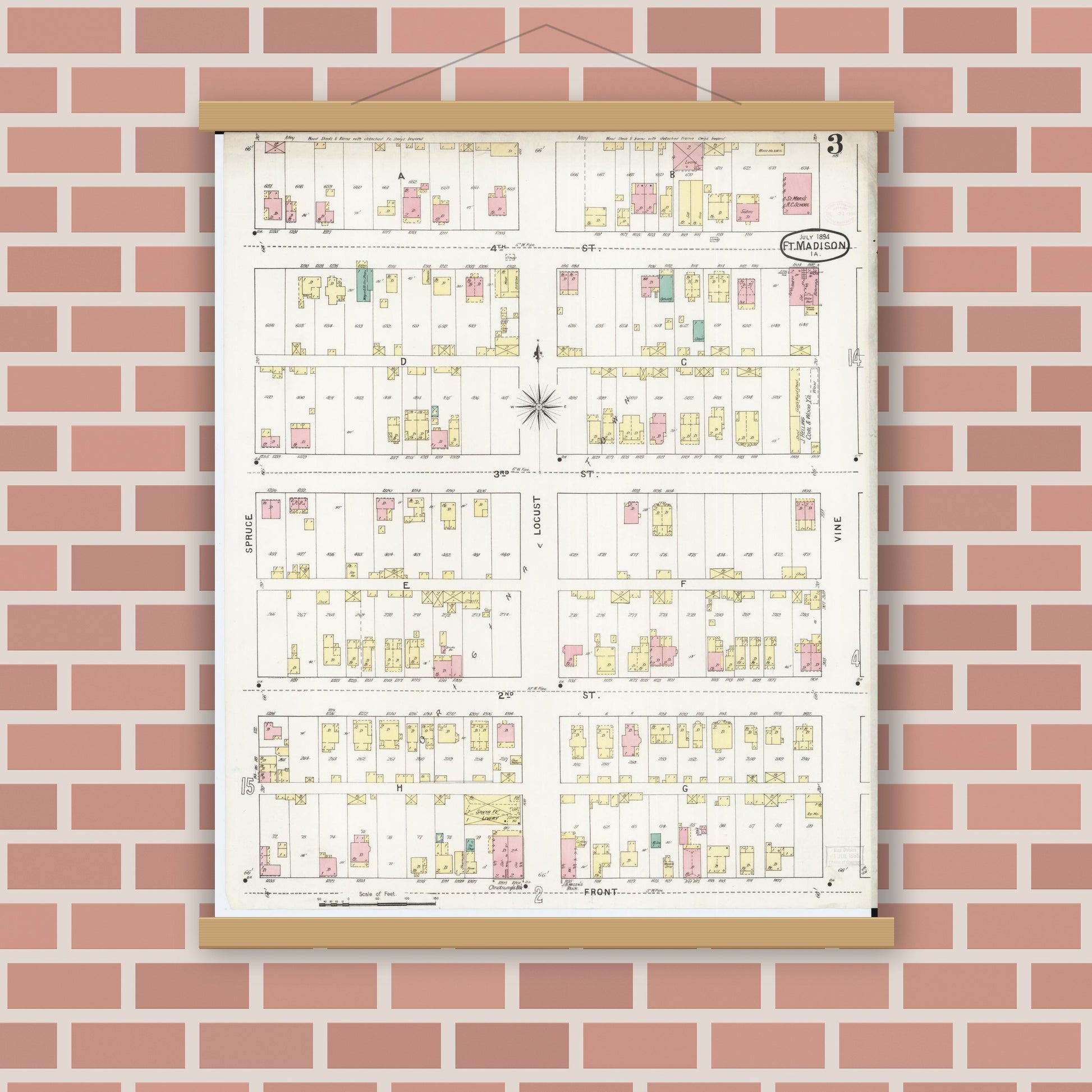 Old map wall art mockup — magnetic wood frame on brick wall — Sanborn Fire Insurance Map from Fort Madison, Lee County, Iowa (1894), Sheet #0003