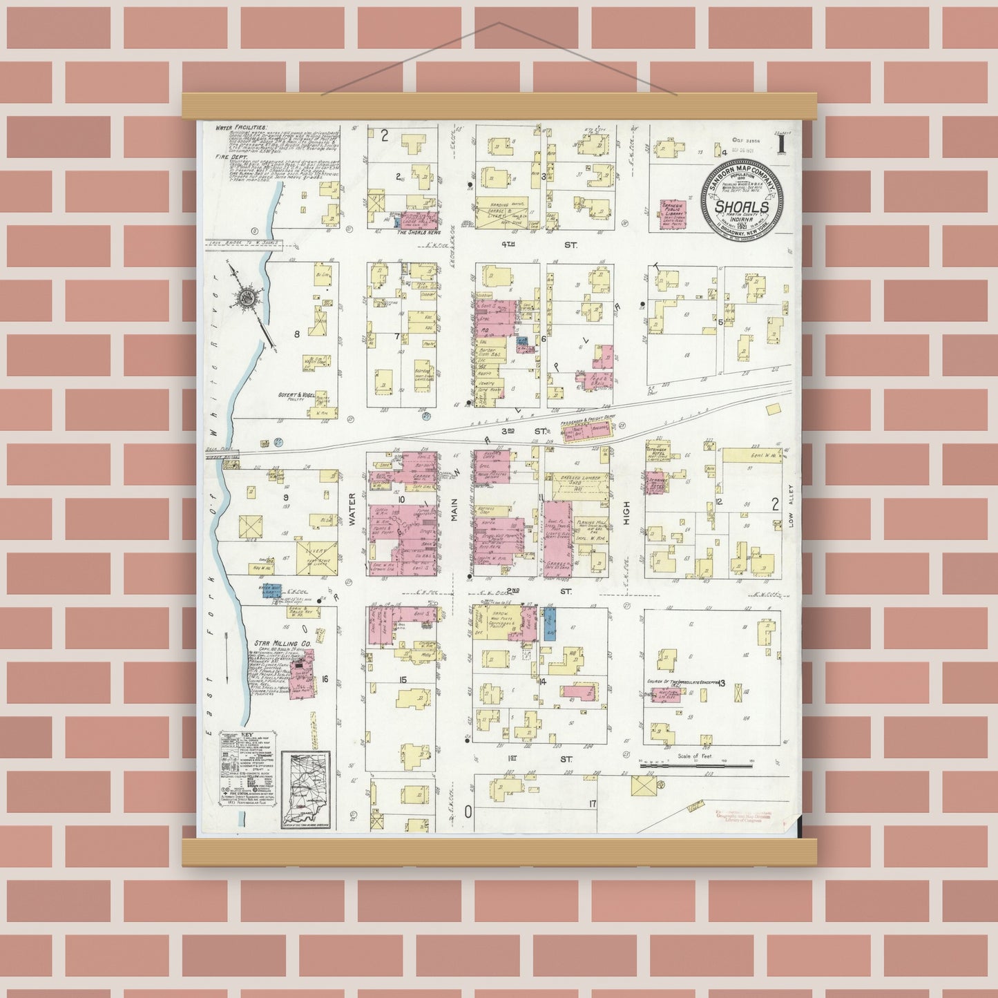 Old map wall art mockup — magnetic wood frame on brick wall — Sanborn Fire Insurance Map from Shoals, Martin County, Indiana (1921) - Complete Map Set