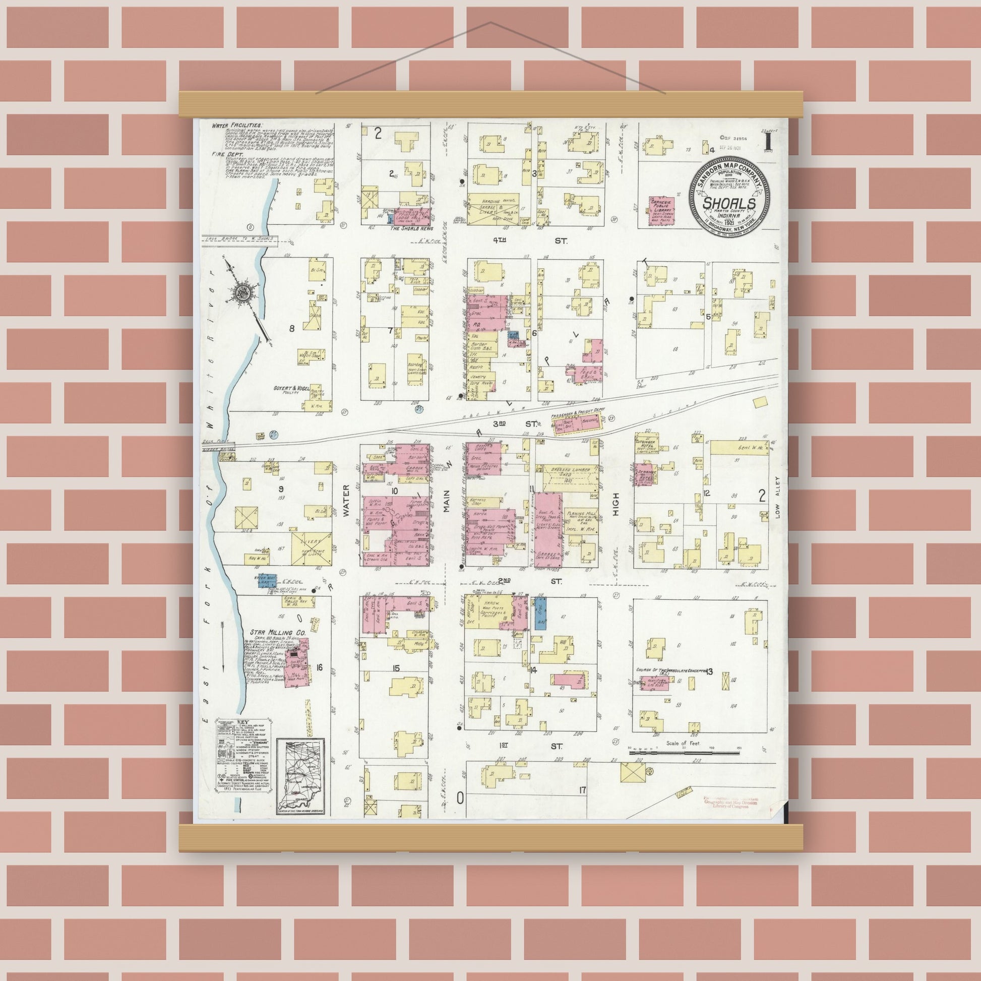 Old map wall art mockup — magnetic wood frame on brick wall — Sanborn Fire Insurance Map from Shoals, Martin County, Indiana (1921) - Complete Map Set
