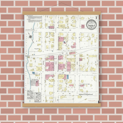 Old map wall art mockup — magnetic wood frame on brick wall — Sanborn Fire Insurance Map from Shoals, Martin County, Indiana (1921) - Complete Map Set