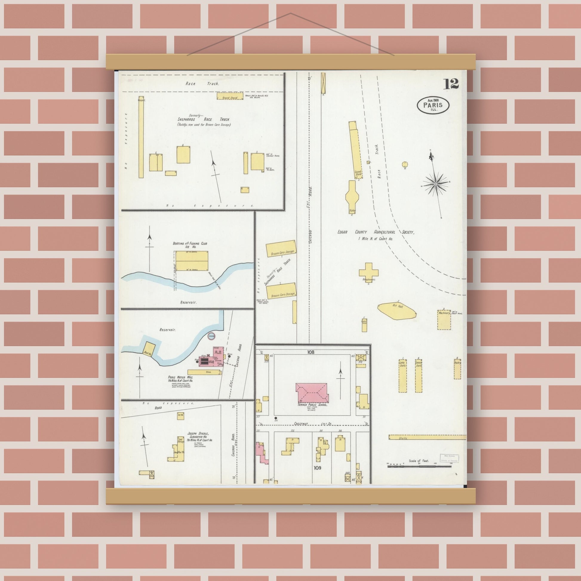 Old map wall art mockup — magnetic wood frame on brick wall — Sanborn Fire Insurance Map from Paris, Edgar County, Illinois (1900), Sheet #0012