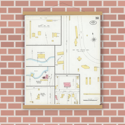 Old map wall art mockup — magnetic wood frame on brick wall — Sanborn Fire Insurance Map from Paris, Edgar County, Illinois (1900), Sheet #0012