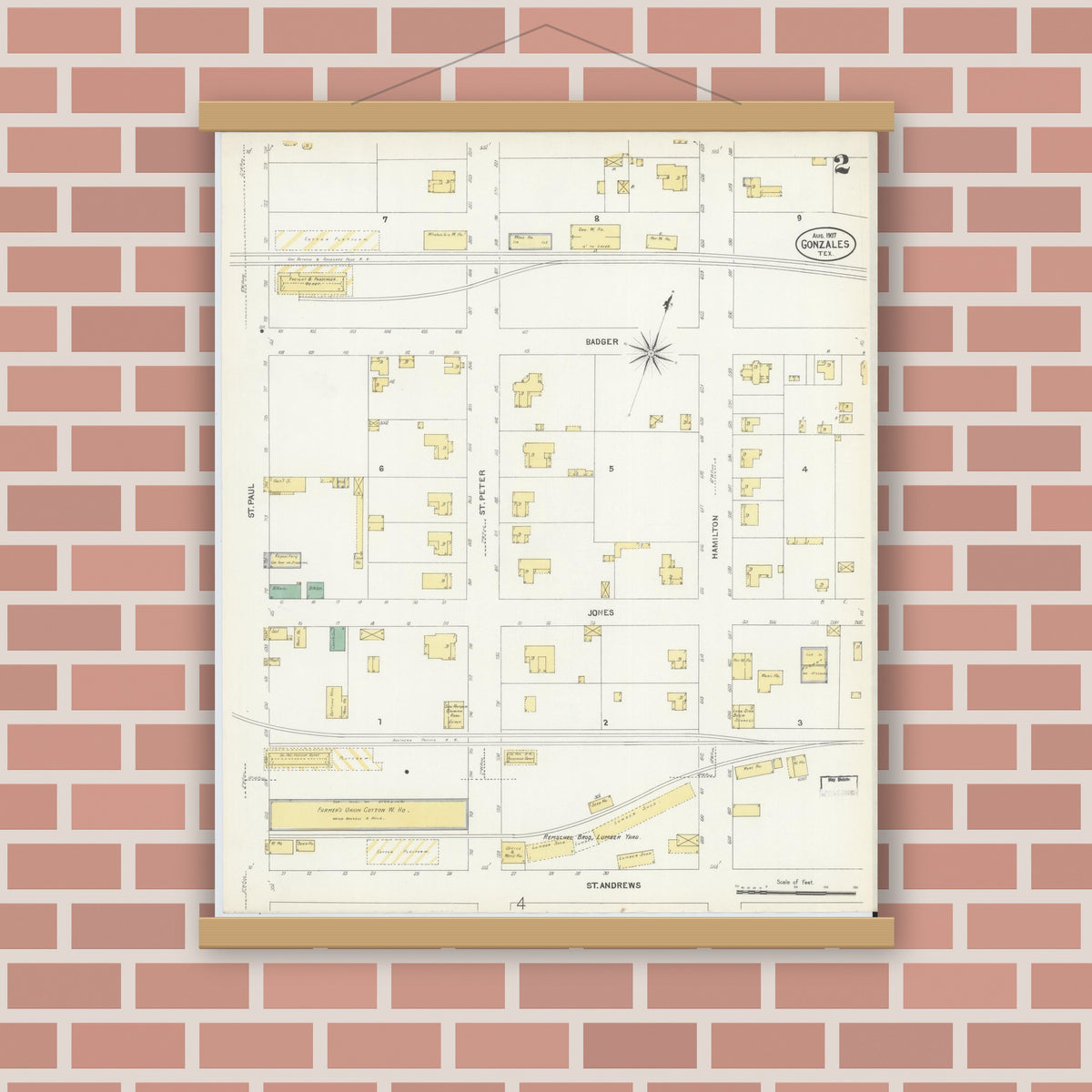 Old map wall art mockup — magnetic wood frame on brick wall — Sanborn Fire Insurance Map from Gonzales, Gonzales County, Texas (1907), Sheet #0002
