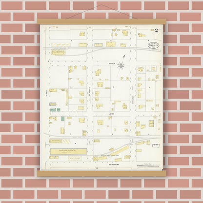 Old map wall art mockup — magnetic wood frame on brick wall — Sanborn Fire Insurance Map from Gonzales, Gonzales County, Texas (1907), Sheet #0002