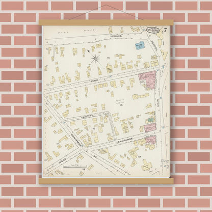 Old map wall art mockup — magnetic wood frame on brick wall — Sanborn Fire Insurance Map from Milford, Worcester County, Massachusetts (1885), Sheet #0007