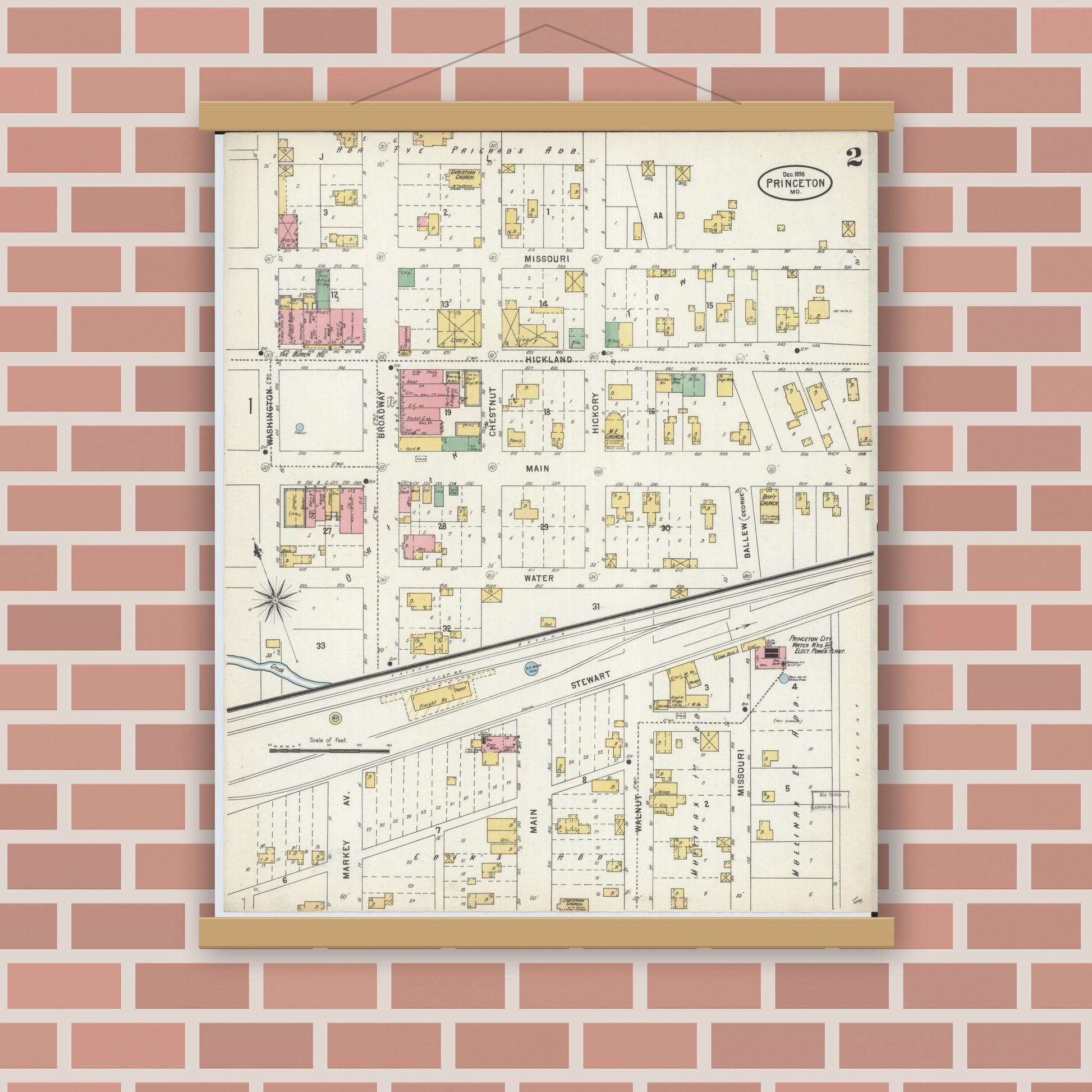 Old map wall art mockup — magnetic wood frame on brick wall — Sanborn Fire Insurance Map from Princeton, Mercer County, Missouri (1898), Sheet #0002