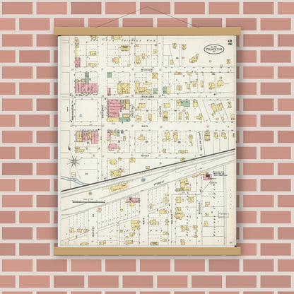 Old map wall art mockup — magnetic wood frame on brick wall — Sanborn Fire Insurance Map from Princeton, Mercer County, Missouri (1898), Sheet #0002