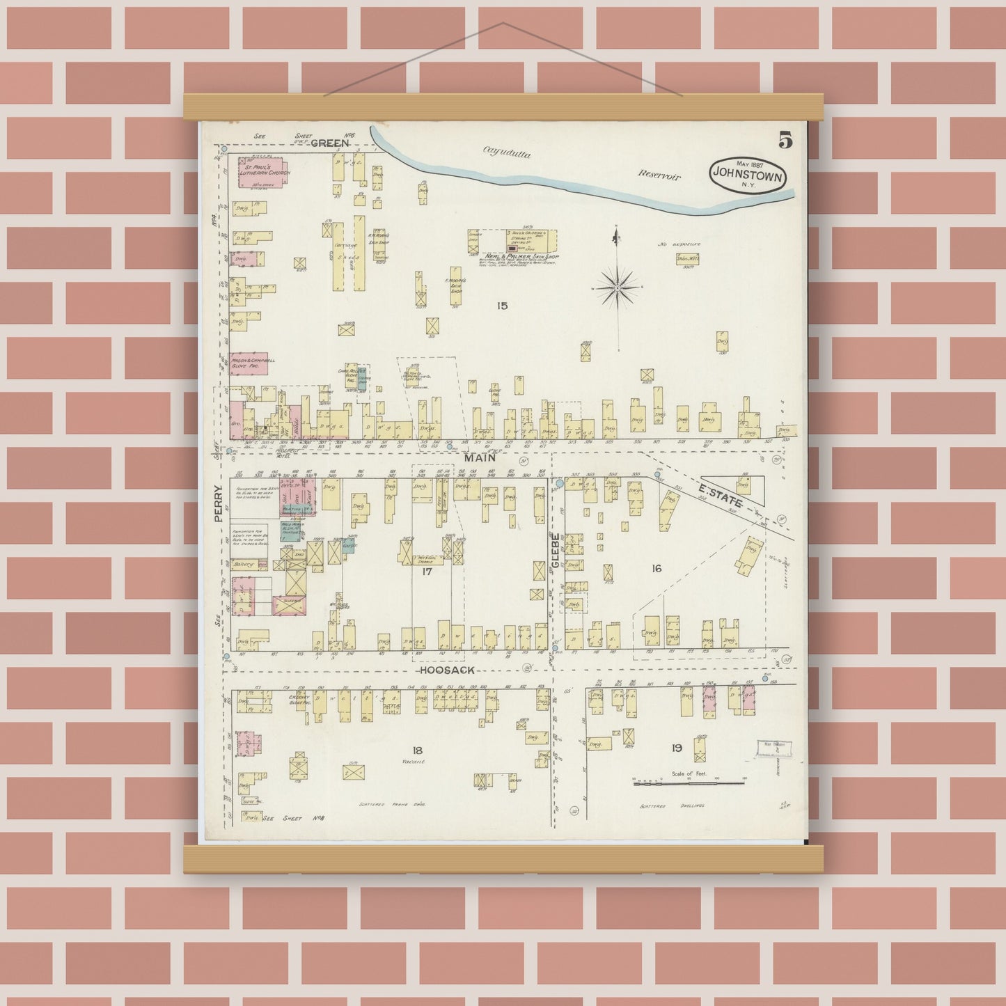 Old map wall art mockup — magnetic wood frame on brick wall — Sanborn Fire Insurance Map from Johnstown, Fulton County, New York (1887), Sheet #0005