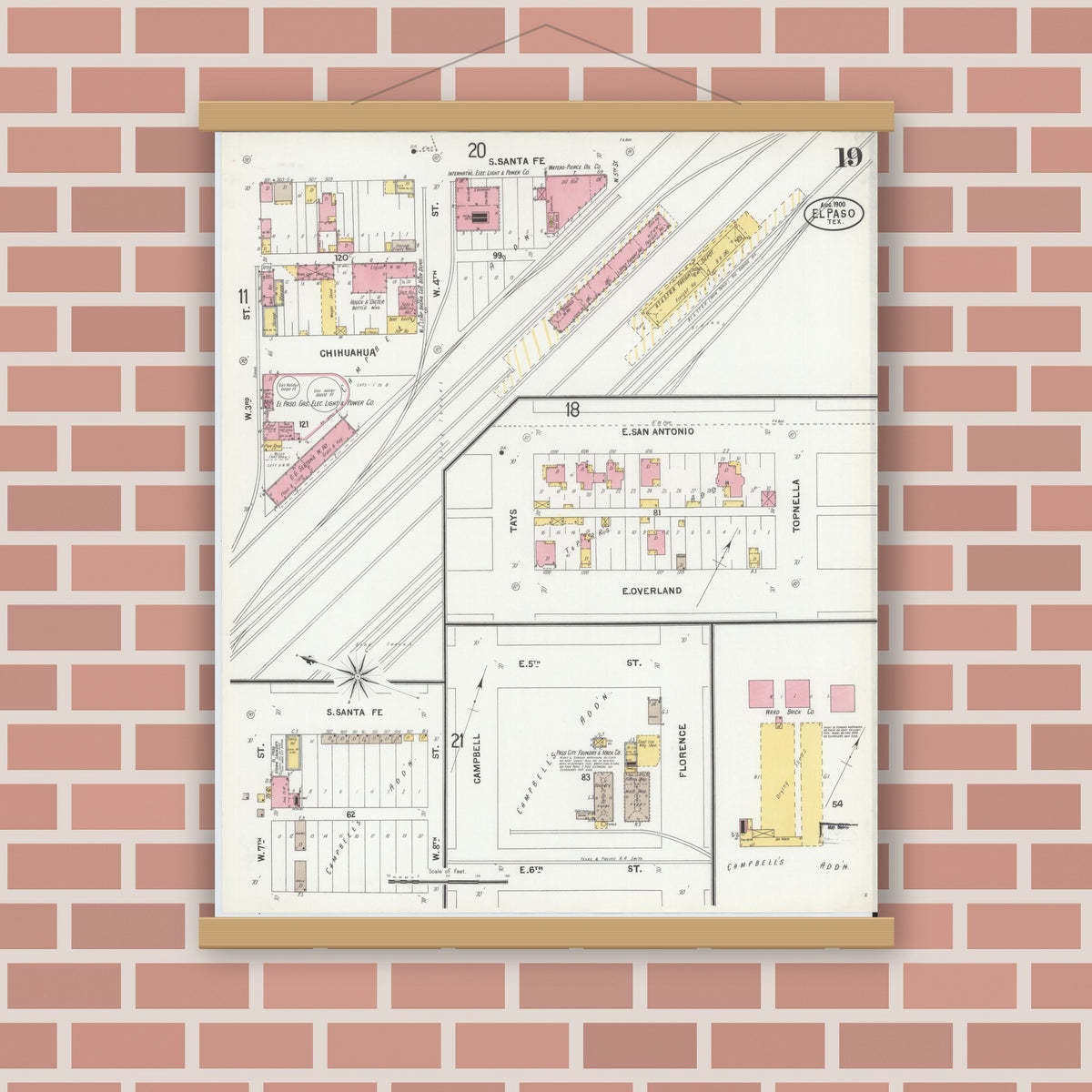 Old map wall art mockup — magnetic wood frame on brick wall — Sanborn Fire Insurance Map from El Paso, El Paso County, Texas (1900), Sheet #0019