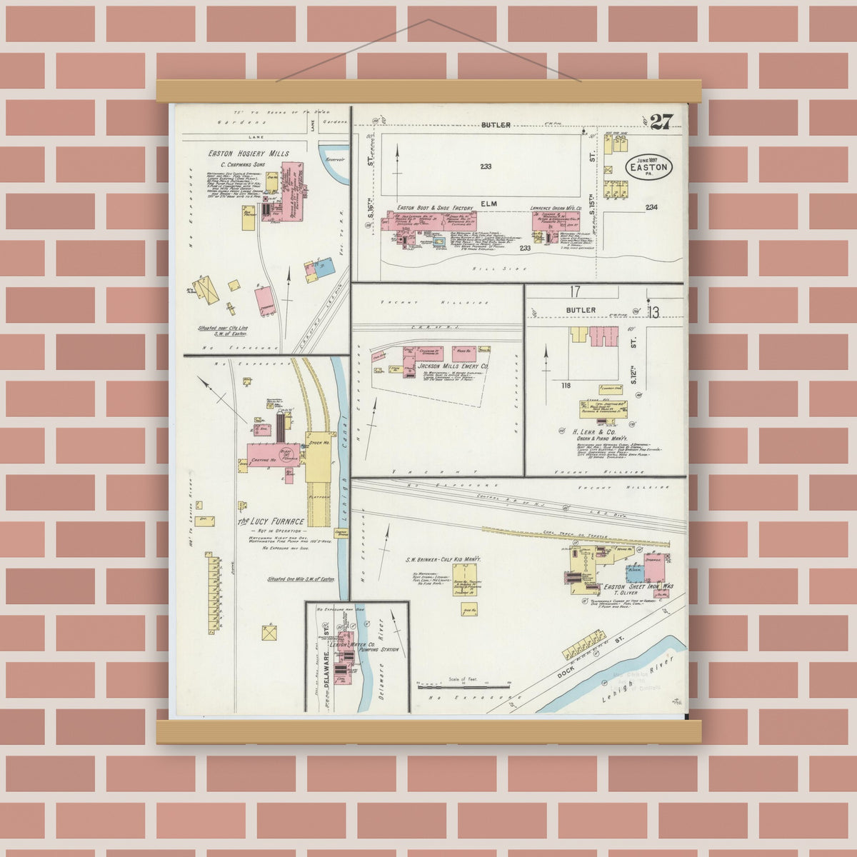 Old map wall art mockup — magnetic wood frame on brick wall — Sanborn Fire Insurance Map from Easton, Northampton County, Pennsylvania (1897), Sheet #0027
