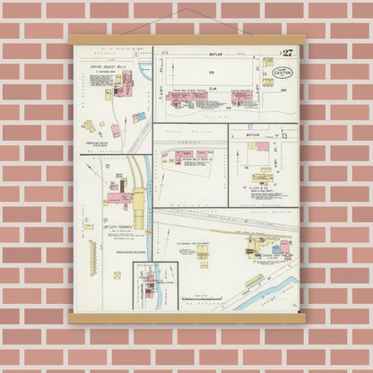 Old map wall art mockup — magnetic wood frame on brick wall — Sanborn Fire Insurance Map from Easton, Northampton County, Pennsylvania (1897), Sheet #0027