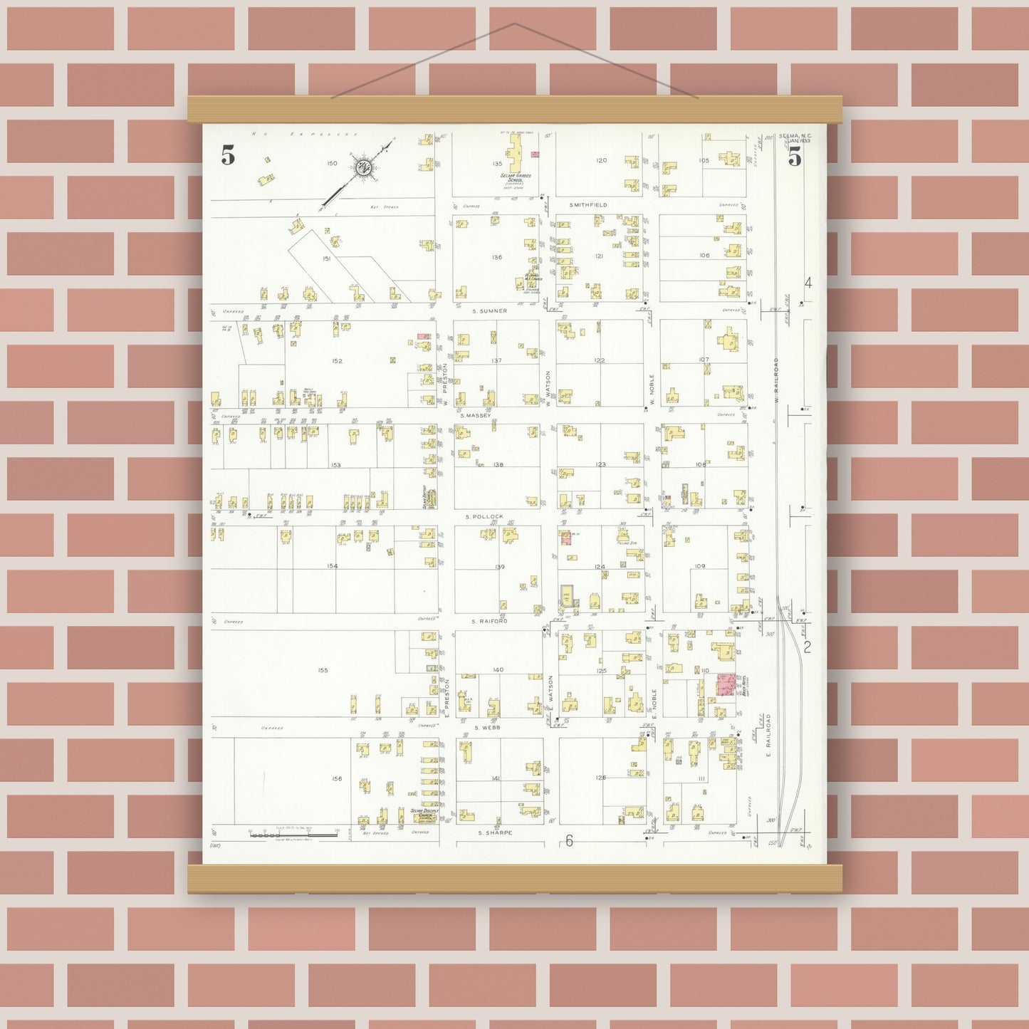 Old map wall art mockup — magnetic wood frame on brick wall — Sanborn Fire Insurance Map from Selma, Johnston County, North Carolina (1933), Sheet #0005