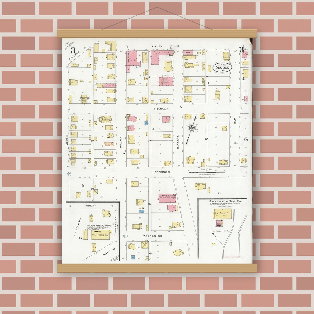 Old map wall art mockup — magnetic wood frame on brick wall — Sanborn Fire Insurance Map from Osgood, Ripley County, Indiana (1927), Sheet #0003