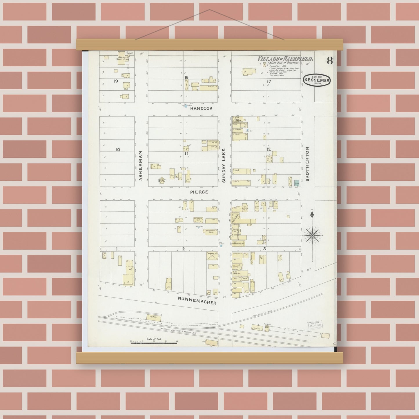 Old map wall art mockup — magnetic wood frame on brick wall — Sanborn Fire Insurance Map from Bessemer, Gogebic County, Michigan (1891), Sheet #0008