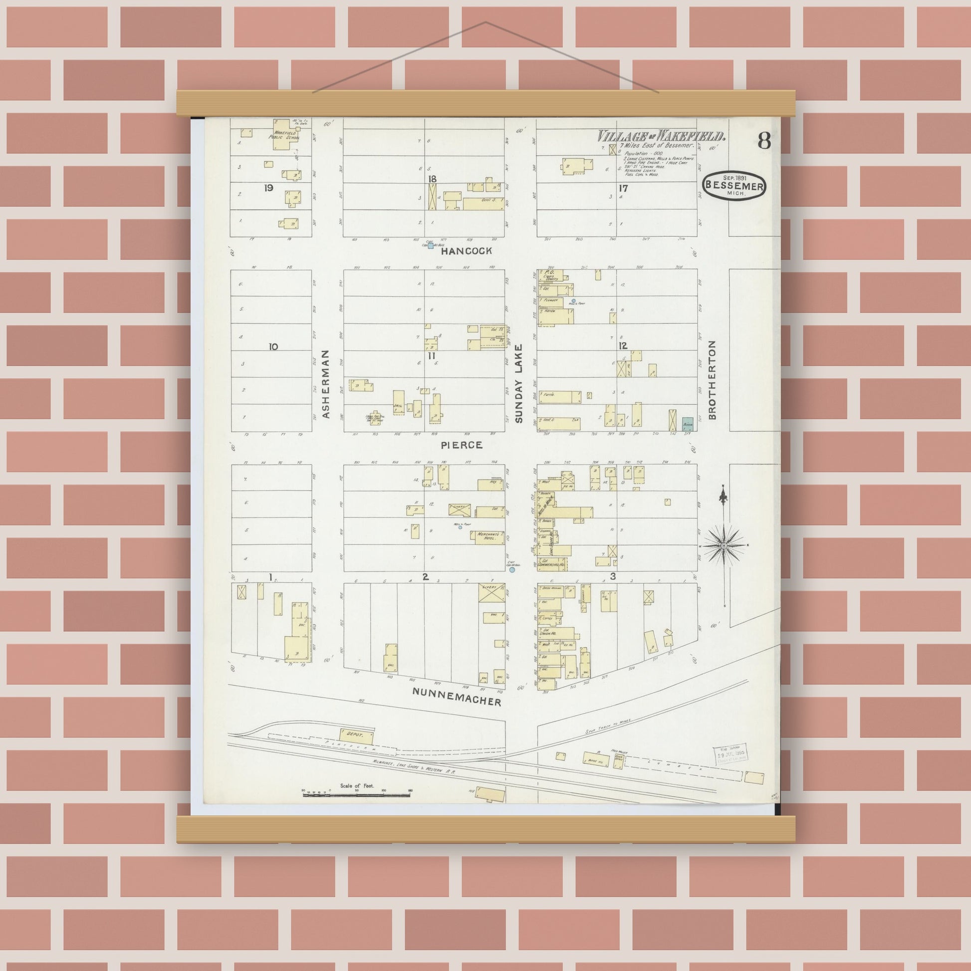Old map wall art mockup — magnetic wood frame on brick wall — Sanborn Fire Insurance Map from Bessemer, Gogebic County, Michigan (1891), Sheet #0008