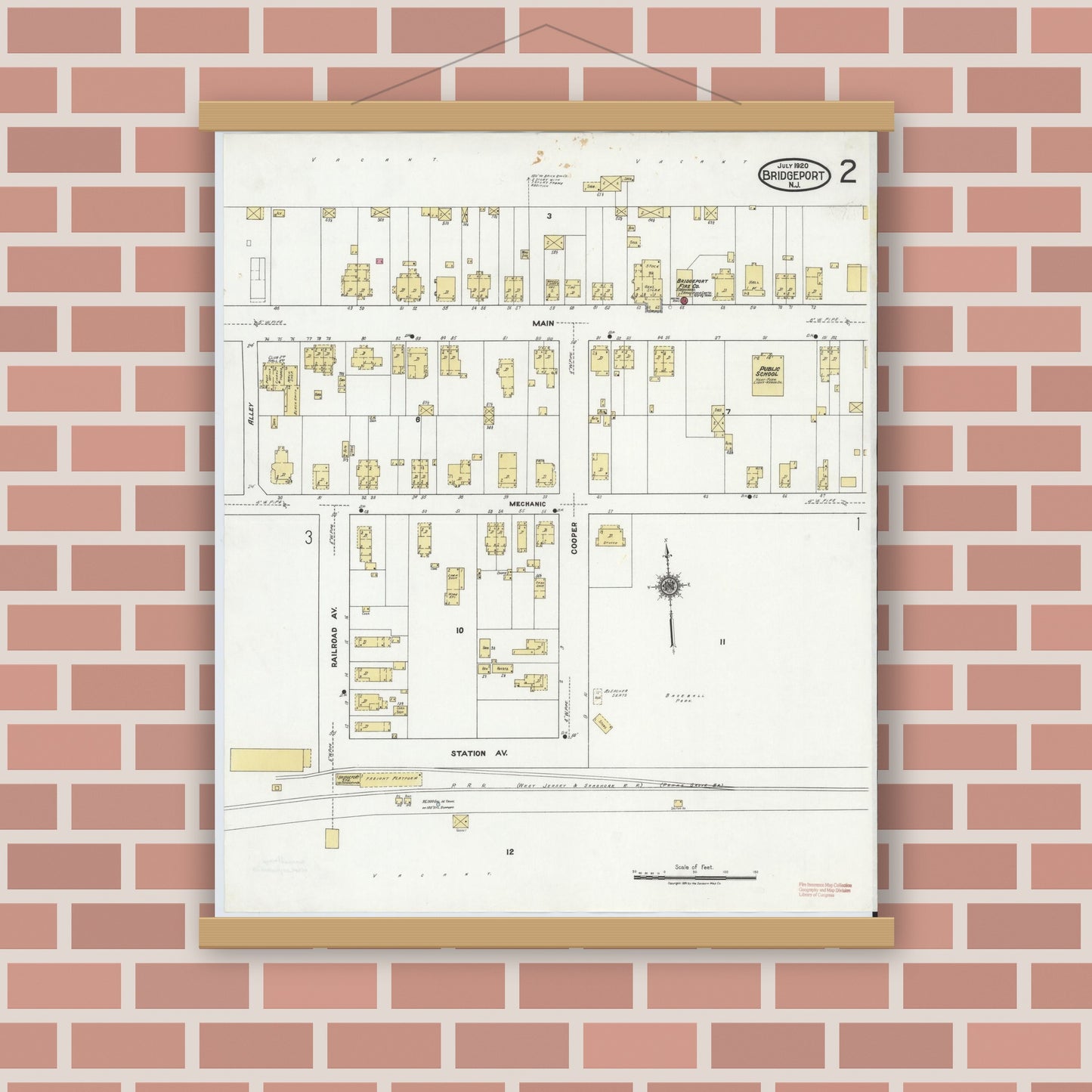 Old map wall art mockup — magnetic wood frame on brick wall — Sanborn Fire Insurance Map from Bridgeport, Gloucester County, New Jersey (1920), Sheet #0002