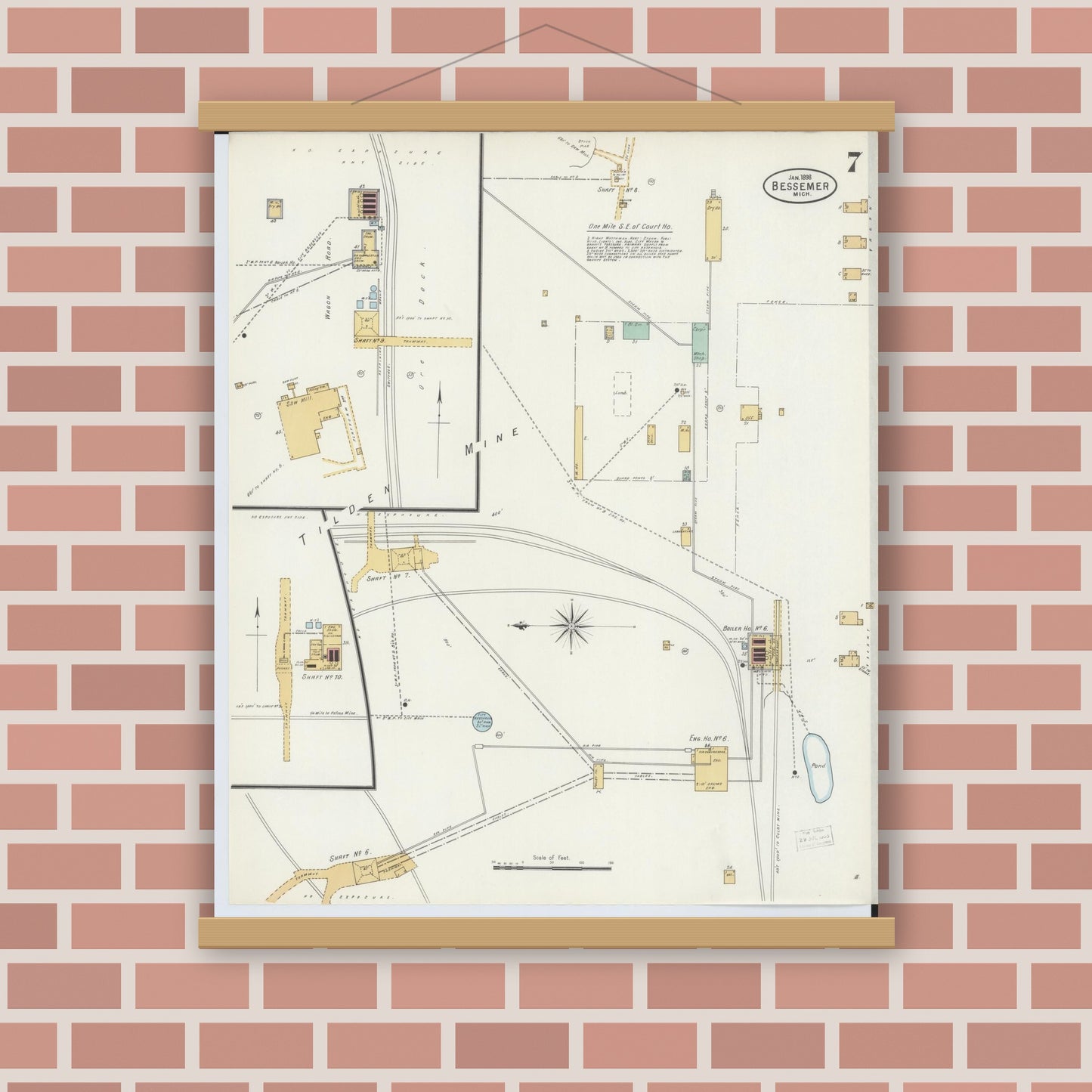 Old map wall art mockup — magnetic wood frame on brick wall — Sanborn Fire Insurance Map from Bessemer, Gogebic County, Michigan (1898), Sheet #0007